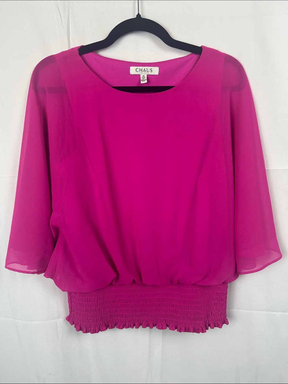 Chaus Women's Hot Pink Blouse Sheer Sleeve Top w/Elastic Waist